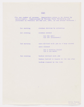 White page with purple typewritten text in English covering top half. “Soap” at center below top margin followed by one short paragraph and two columns, the left containing times of day, and the right instructions to be performed during each. Bottom half of page blank. 