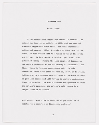 White page with black typewritten text in English. “Interview Two” and “Allan Kaprow” at center below top margin followed by one double-spaced paragraph biography of Kaprow. “38” at bottom center 