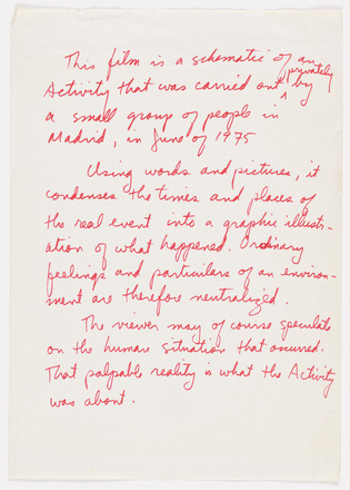 White page with three paragraphs of red handwritten text in English covering three quarters of the page. 