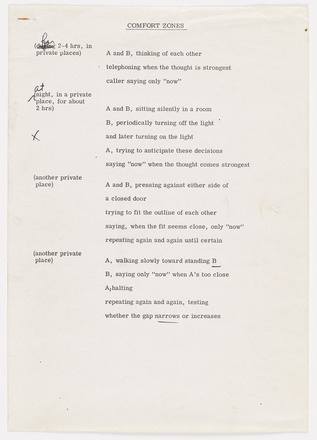White page with black print in English. Double-spaced list of short sentences at right and one location at left covering one third of page. “Allan Kaprow June 1975” below text, aligned right. Bottom half of page blank. 