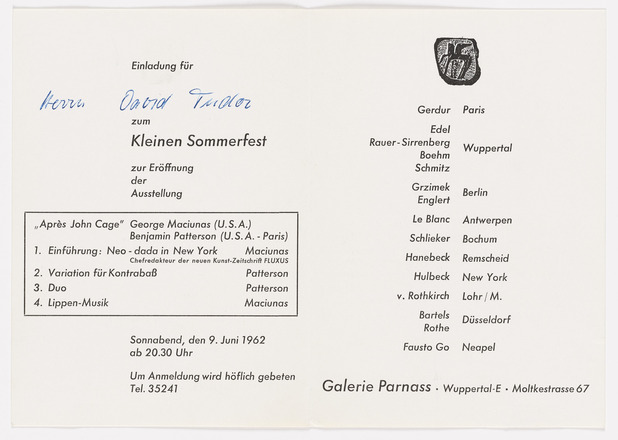 White paper two-page spread flyer with black printed text in German. Left contains program with composers and composition titles at center in an outlined rectangular box. Time, date, and location of performance at bottom. ““Herr David Tudor”“ in blue pen at top center. Right contains full-page text ad for Galerie Parnass.