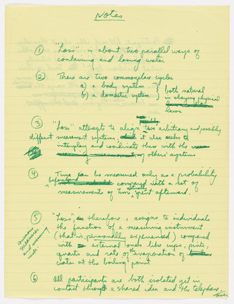 Yellow lined notebook page with handwritten text in green. Page contains one number/(word) at left text arranged into verses running the length of the page at right. Single words and phrases stricken through and replaced. 