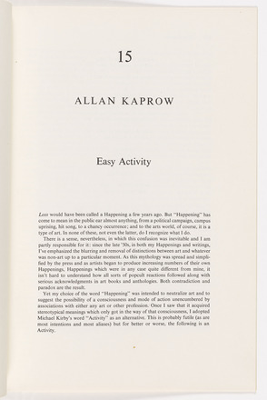 Cream page in bound book with black print in English. “15”, “Alan Kaprow”, and “Easy Activity” at center on top half of page, each separated by blank lines. Bottom half contains three single-spaced paragraphs. 