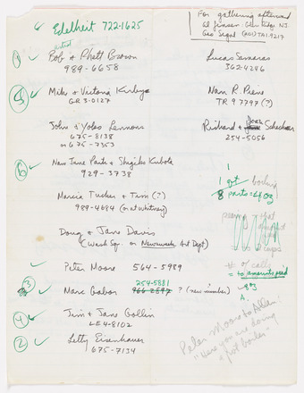 Handwritten notes, mostly names and phone numbers, inscribed in black and green ink and some pencil written on lined white paper. 