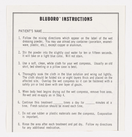 Recto, Square white paper fragment with solid line boarder. “Blurbo’s instructions” at top center in bold font followed by “Patient’s name” and blank line. Eight-point list, each with sentences run the length of the page. 