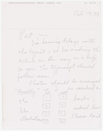 White page with handwritten pencil correspondence in English. Large top margin with “Feb 18, 73” at top right. “Pat-” at top left below margin followed by two paragraphs of text with 1-2 sentences each that run the length of the page. 