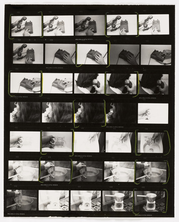 Black and white photographic contact sheet depicting various details of individuals interacting with everyday objects. Some images show hands interacting with either a telephone, toilet bowl, or pot of boiling water on a stove. 