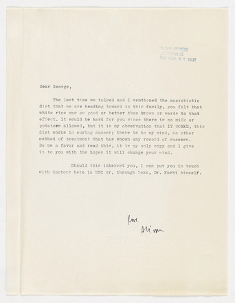Black page with one paragraph of black typewritten correspondence in English at center. Alison Knowles’s name and address at top right in blue ink stamp. “Dear George” at left above text. Signed “love Alison” at center below text.