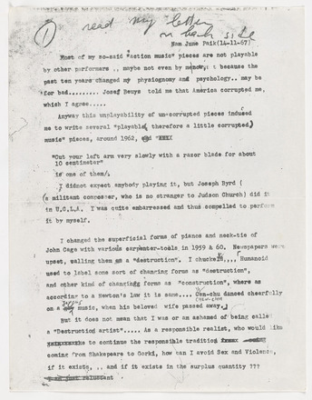 White page with black typewritten and handwritten text in English. Handwritten text and “1” in top margin. “Nam June Paik (14-11-67)” at top left below margin followed by four left-aligned double-spaced paragraphs that run the length of the page. Handwritten corrections throughout.