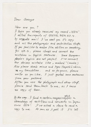 Grey, white-flecked page with black handwritten text in English addressed “Dear George” at top left followed by two paragraphs that fill the length of the page.