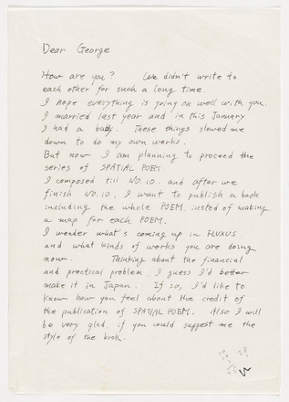 Grey, white-flecked page with black handwritten text in English addressed “Dear George” at top left, followed by one paragraph that spans the length of the page. Text has one numerical annotation at bottom right.
