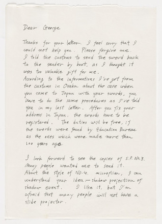 White page with black handwritten text in English addressed “Dear George” at top left followed by two paragraphs that fill the length of the page.