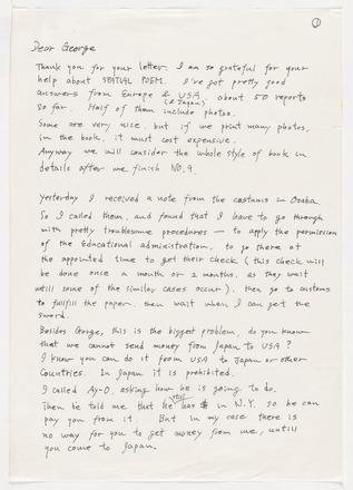 Grey, white-flecked page with black handwritten text in English addressed “Dear George” at top left followed by three paragraphs that fill the length of the page. Paginated 1 at top right.