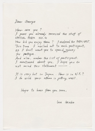 Grey, white-flecked page with black handwritten text in English addressed “Dear George” at top left followed by text column that fills half the page. Signed “love Mieko” below text, aligned right.