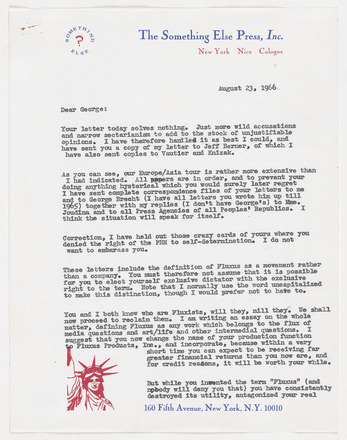 White page with black typewritten correspondence in English. “The Something Else Press, Inc” blue letterhead in top margin. Date at top right below margin. “Dear George” below, aligned left, followed by six paragraphs of text that run the length of the page. Red statue of liberty graphic at bottom left.