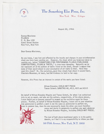 White page with black printed text correspondence in English. “The Something Else Press, Inc” blue letterhead in top margin. Date at top right, George Maciunas’s Fluxus post office box address below, aligned left. Followed by three paragraphs of text that run the length of the page. Red statue of liberty graphic at bottom left.