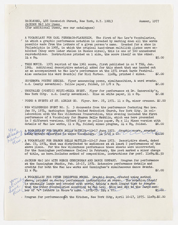 White page with black typewritten text in English. List of eleven items with their title, publication date, materials, size, and price in paragraph format with a blank line below each paragraph separating the entries. Title at top left identifies the list as “Jackson Mac Low items” at Backworks in Summer 1977. Two items, “A Vocabulary for Sharon Belle Mattlin” and “A Vocabulary for Peter Innisfree Moore” are crossed out and annotated “You already have this” in the left margin. 