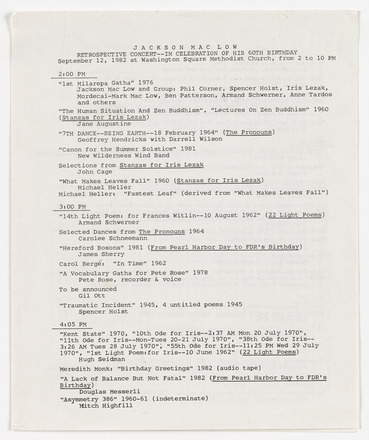 Cover of white paper program with black typewritten text in English titled “Jackson Mac Low Retrospective Concert -- In Celebration of His 60th Birthday” at top center, followed by a schedule of performances with work titles, composition dates, and performers that runs the length of the page. Each performance on separate line followed by an empty line. First performance at 2pm, last at 4:05pm.