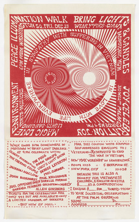 Light blue paper flyer with red printed graphics and text. A yin-yang sign run through with uniform striation marks to create a rippling, psychedelic effect, encased in a circle with wrapped text, encased in a large red square with wrapped text to create a border. Graphic makes heavy use of light blue negative space to contrast with red ink. Bottom divided into two squares, left a list of performers and right information to provide donation.