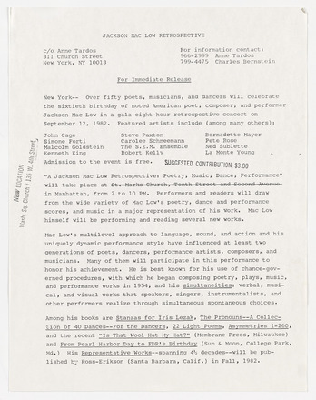 White page with black typewritten text in English titled “Jackson Mac Low Retrospective” at top center, followed by double-spaced paragraphs of text that run the length of the page. Original address of performance in second paragraph stricken through. New address stamped in left margin at center.