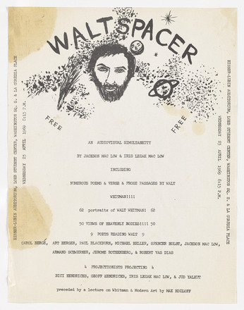 White page with black printed, hand drawn graphic of a bearded man’s head in space surrounded by stars and planets. Above, in an arc, title reads “WALTSPACER.” Below, bottom third of page features black typewritten text in English, each line double-spaced and center aligned, featuring information on the performance. Date, time, and location printed in left and right margin.