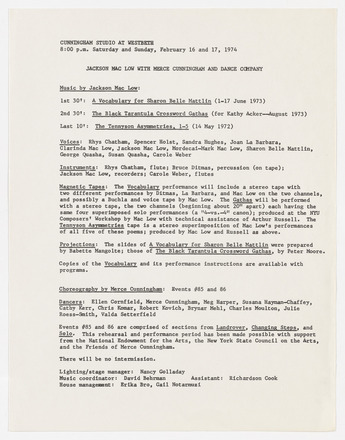 White page with black typewritten text in English titled “Jackson Mac Low with Merce Cunningham and Dance Company” at top but below time, date, and location information, and followed by program, performers and personnel information that runs the length of the page.