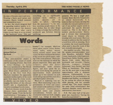 Roughly square-shaped newspaper clipping with three columns of text in English. A black rectangular banner at top spans the width of the page and contains text “In Performance.” At center left, in large, bold text reads “Words.” Below and in the leftmost column is a review titled “Jackson Mac Low The Brook” that fills the majority of text of the clipping.