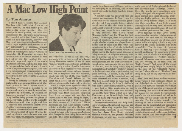 Rectangular, horizontal newspaper clipping comprised of four columns of text in English and one photo. Titled “A Mac Low High Point” at top left in bold letters, spanning two columns of text. Headshot, in profile, of man in suit and short hair at top of second column of text, below the title.