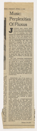 Rectangular, vertical newspaper clipping containing one column of text titled “Music Perplexities of Fluxus” at top in large font.
