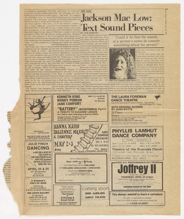 Rectangular newspaper clipping containing three columns of text and one photo on top two thirds and four text advertisements on bottom third. Top text contains one article titled “Jackson Mac Low: Text Sound Pieces” at top, spanning all three text columns. Below title, and above second and third text column, pull quote reads” Could it be that the sounds of a person’s name do connote something about the person?” Center column features headshot of man with long hair and beard with mouth open while speaking or singing. 