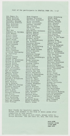 Long, rectangular blue cardstock with typewritten black English text. The top center reads “List of the participants in SPATIAL POEM (No. 1-4)” followed by three columns over of over fifty lines long, most containing first and last names. Below the columns are five short lines of text with return address to Shiomi even further below at the bottom right of the page.