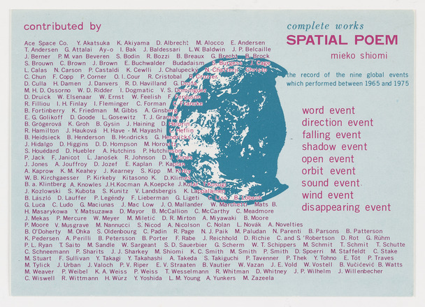Recto Rectangular, light blue postcard with dark blue and white graphic resembling a planet partially in shadow at center. The right of the card reads “complete works SPATIAL POEM mieko shiomi” followed by a list of “nine global events.” At left, in red text, is listed over one hundred names of contributors to spatial poem. 