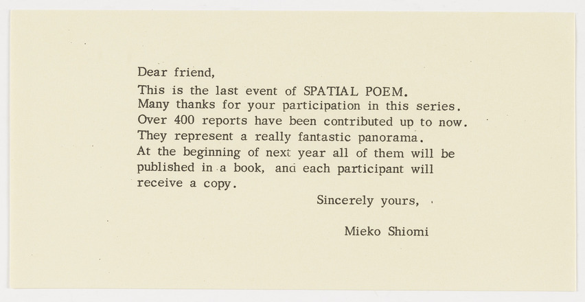 Small rectangular-shaped light yellow cardstock with black typewritten correspondence in English. Text is addressed “Dear friend” at top left and is followed by three sentences that are concluded with “Sincerely yours, Mieko Shiomi” at bottom left.