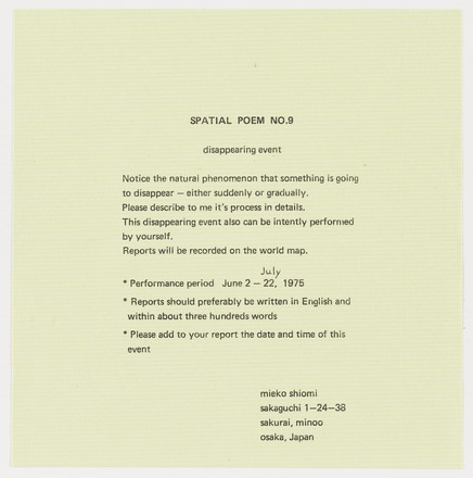 Square-shaped light yellow cardstock with black typewritten text in English. Top center reads “SPATIAL POEM NO.9 disappearing event” followed by six lines of text instructions, three bulleted points on documentation of a performance, and Shiomi’s return address. Utilizes large margins.