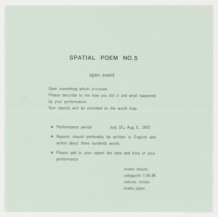 Square-shaped light blue cardstock with black typewritten text in English. Top center reads “SPATIAL POEM NO.5 open event” followed by four lines of text instructions, three bulleted points on documentation of a performance, and Shiomi’s return address. Utilizes large margins.
