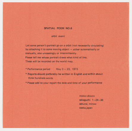 Square-shaped bright orange cardstock with black typewritten text in English. Top center reads “SPATIAL POEM NO.6 orbit event” followed by five lines of text instructions, three bulleted points on documentation of a performance, and Shiomi’s return address. Utilizes large margins.