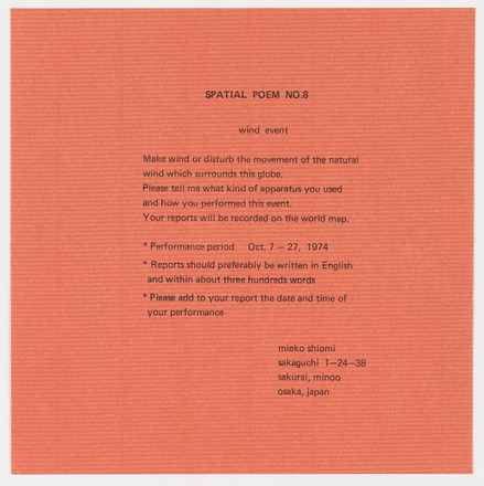 Square-shaped bright orange cardstock with black typewritten text in English. Top center reads “SPATIAL POEM NO.8 wind event” followed by five lines of text instructions, three bulleted points on documentation of a performance, and Shiomi’s return address. Utilizes large margins.