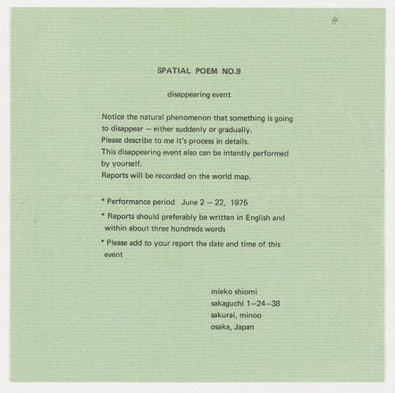Square-shaped mint green cardstock with black typewritten text in English. Top center reads “SPATIAL POEM NO.9 disappearing event” followed by six lines of text instructions, three bulleted points on documentation of a performance, and Shiomi’s return address. Utilizes large margins.