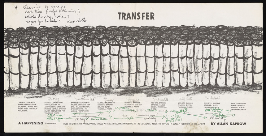 Horizontally oriented printed poster featuring a reproduction of a sketch in ink and charcoal at center of a tightly bundled group of cylinders that spans the width of the poster. At top, center is the word “TRANSFER.” More information is printed in a sans-serif font below the reproduced sketch. Handwritten notations in pencil and green ink appear throughout. 