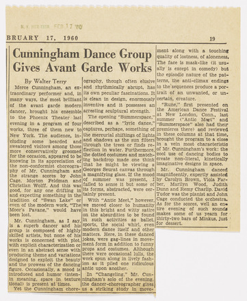 Vertical rectangular press clipping containing three paragraphs of text in English. Title “Cunningham Dance Group Gives Avant Garde Works” above leftmost two columns.
