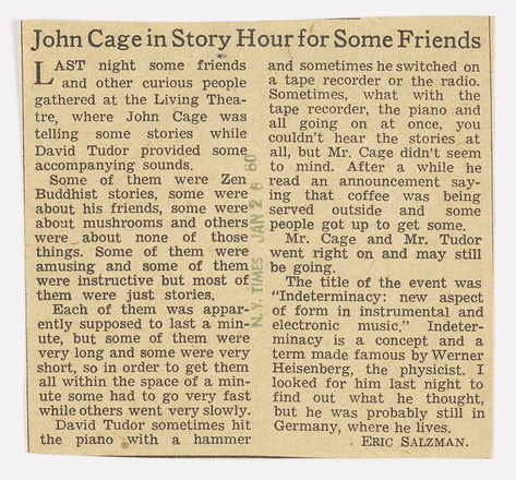 Horizontal rectangular press clipping containing two columns of text in English titled “John Cage in Story Hour for Some Friends” above both columns.  