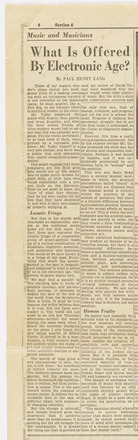 Broadsheet containing mostly text. Article in leftmost two columns titled “What Is Offered by Electronic Age” runs from top of sheet to just below horizontal fold.