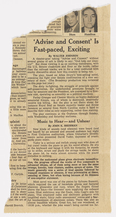 Black-and-white photocopy of press clipping and notebook paper. Clipping contains one column of text in English at center of rectangular page, almost spanning its length. The top third of notebook paper has the handwritten note “1961 – Minneapolis Newspaper” at top center and is black on the bottom third.