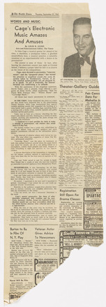 White page with black-and-white photocopy of a vertical rectangular news clipping in English. Clipping runs from top to bottom of the page with large left and right margins. Features two columns of text, the leftmost containing an article titled “Cage’s Electronic Music Amazes and Amuses.” Right column features photograph of a tuxedoed man at top, with ads filling the remaining space below.