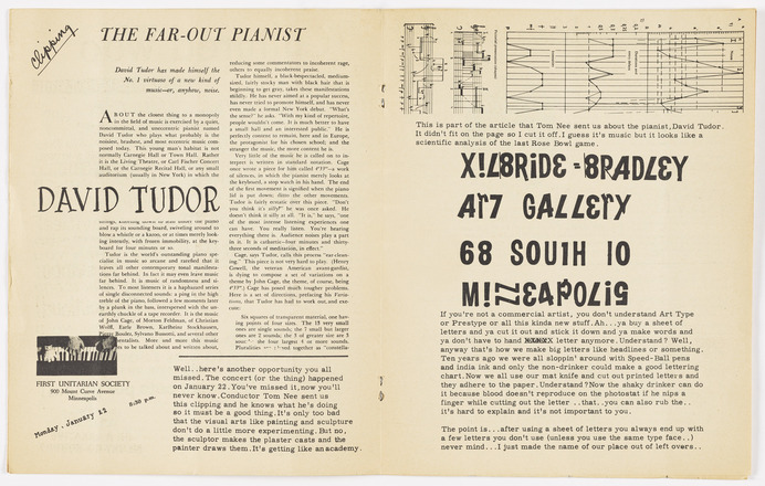 Two-page spread collage of photocopied newspaper clippings, photographs, scores, and other printed text in English. Two columns of text dominate the center of the left page along with “The Far-Out Pianist” in large type at the top of the page. The name “David Tudor” runs from left margin to rightmost edge of left column of text. Bottom quarter of page contains one paragraph of typed text. Right page features three scores across the top quarter of the page, four lines of large, bold, seemingly nonsense text at center, and two paragraphs of text at bottom.  