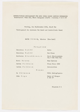 White page with black typewritten text in German. Top half of page contains time, date, and location of the performance at Vortragssaal der Akademie für Musik und darstellende Kunst. Bottom half of page contains program with two columns, the left listing composers, and the right, the title of their compositions to be performed.