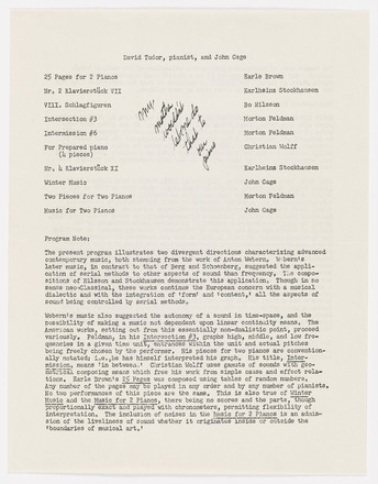 Verso of white page with black typewritten text in English. Title at top center reads “David Tudor, pianist, and John Cage,” followed by two columns of text, the left with titles of compositions, and the right with corresponding composers. Wide space between columns contains handwritten note in pen. Bottom half of page contains section titled “Program Note” at top followed by two paragraphs of text that run the length of the page.