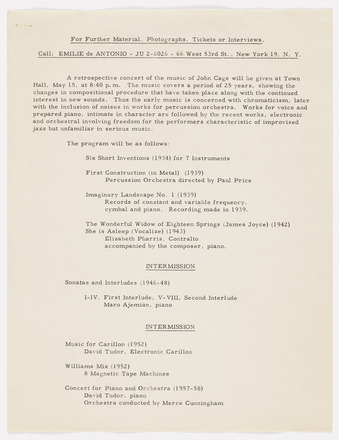 White page with black printed serif text in English. Top quarter contains contact information and one short paragraph providing event information. Bottom three-quarters lists program, including pieces to be performed at the John Cage retrospective concert.  
