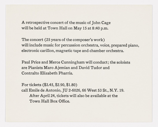 Horizontal rectangular white paper flyer with black printed serif text in English. Flyer contains four short left-aligned sentences providing time, date, location, price of admission, and performance information for a John Cage retrospective concert.