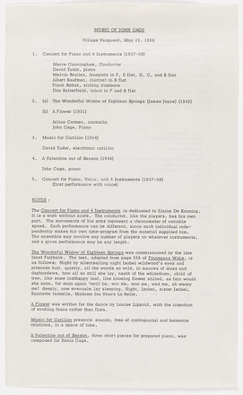 White page with black printed text in English. Title “Music of John Cage” at top center, followed by a five-point list of performers and pieces to be performed. Bottom half of page titled “Notes” at left and filled with paragraphs, each beginning with the title of a piece to be performed. 